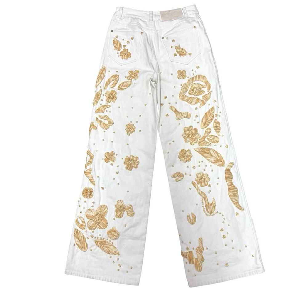 Cult Gaia Jarli White Raffia Appliqué High Rise Wide Leg Jeans XS - Picture 6 of 16
